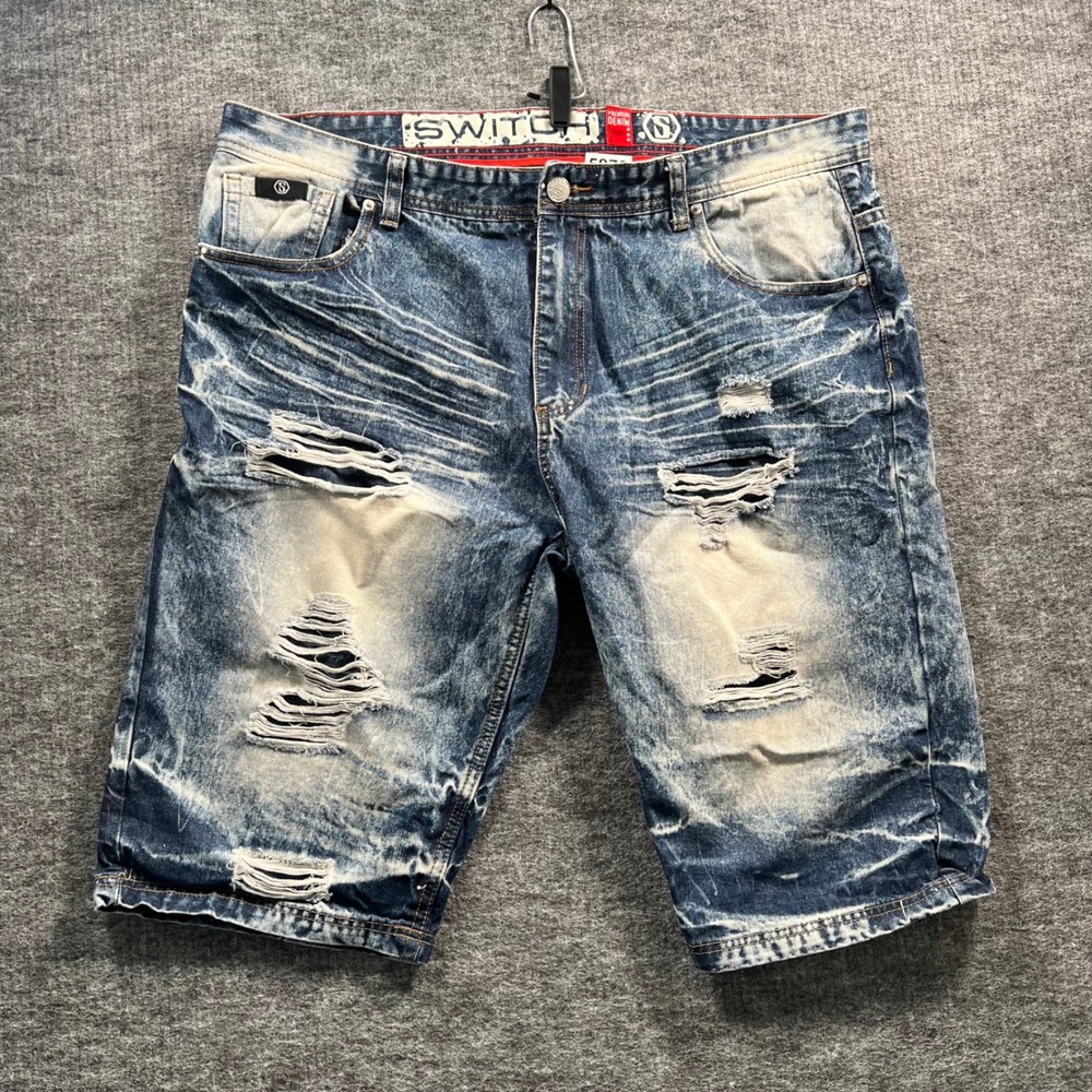Switch Premium Denim Mens 42 Blue Acid Wash Distressed Moto Jean Shorts 5873